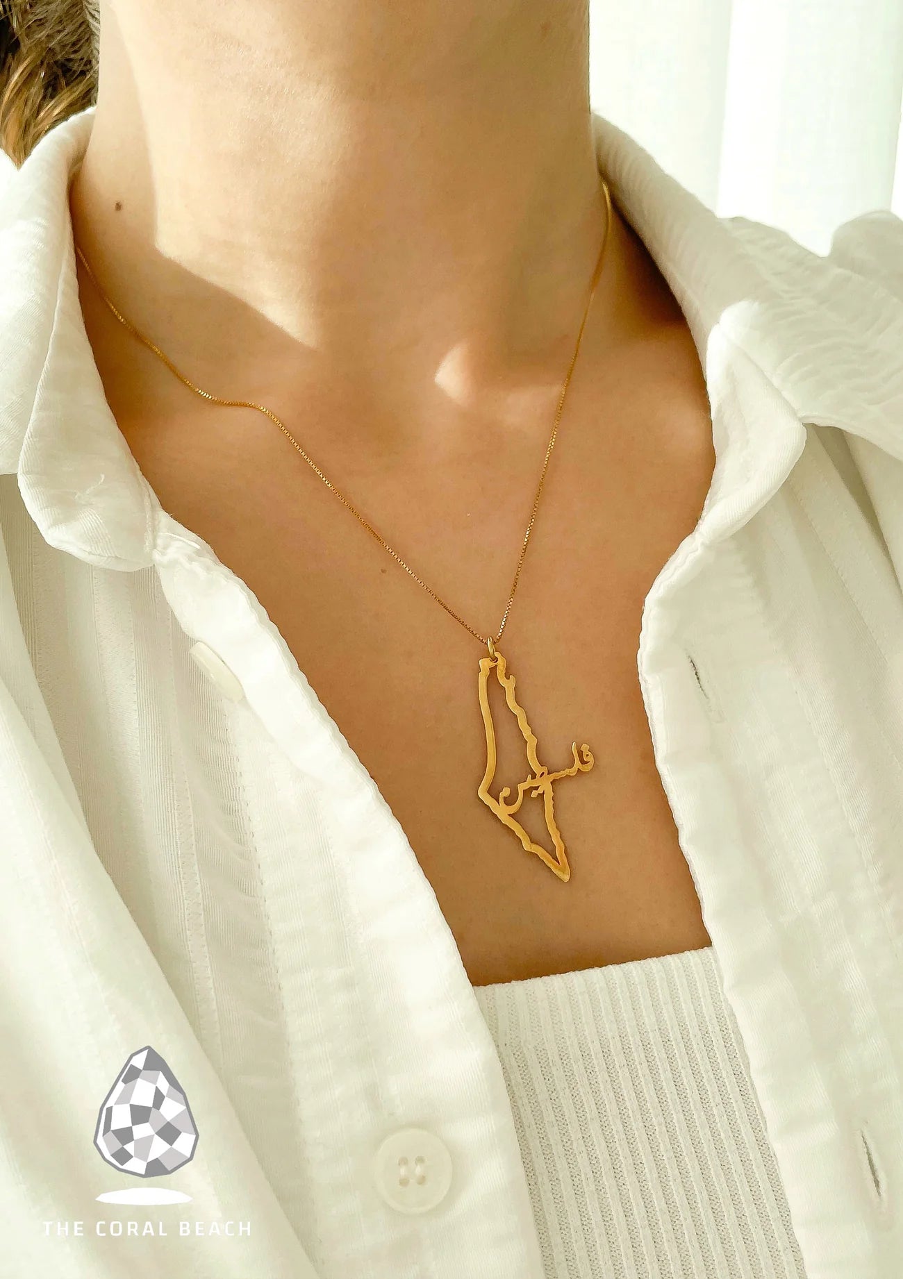 TCB necklace: Palestine map with horizontal Palestine Arabic word-Gold