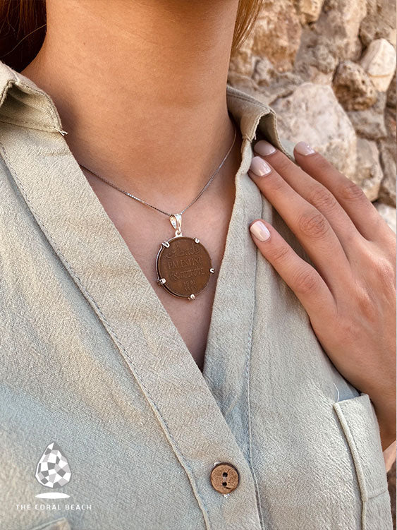 TCB necklace: Palestinian coin 2 mil crown frame-Bronze