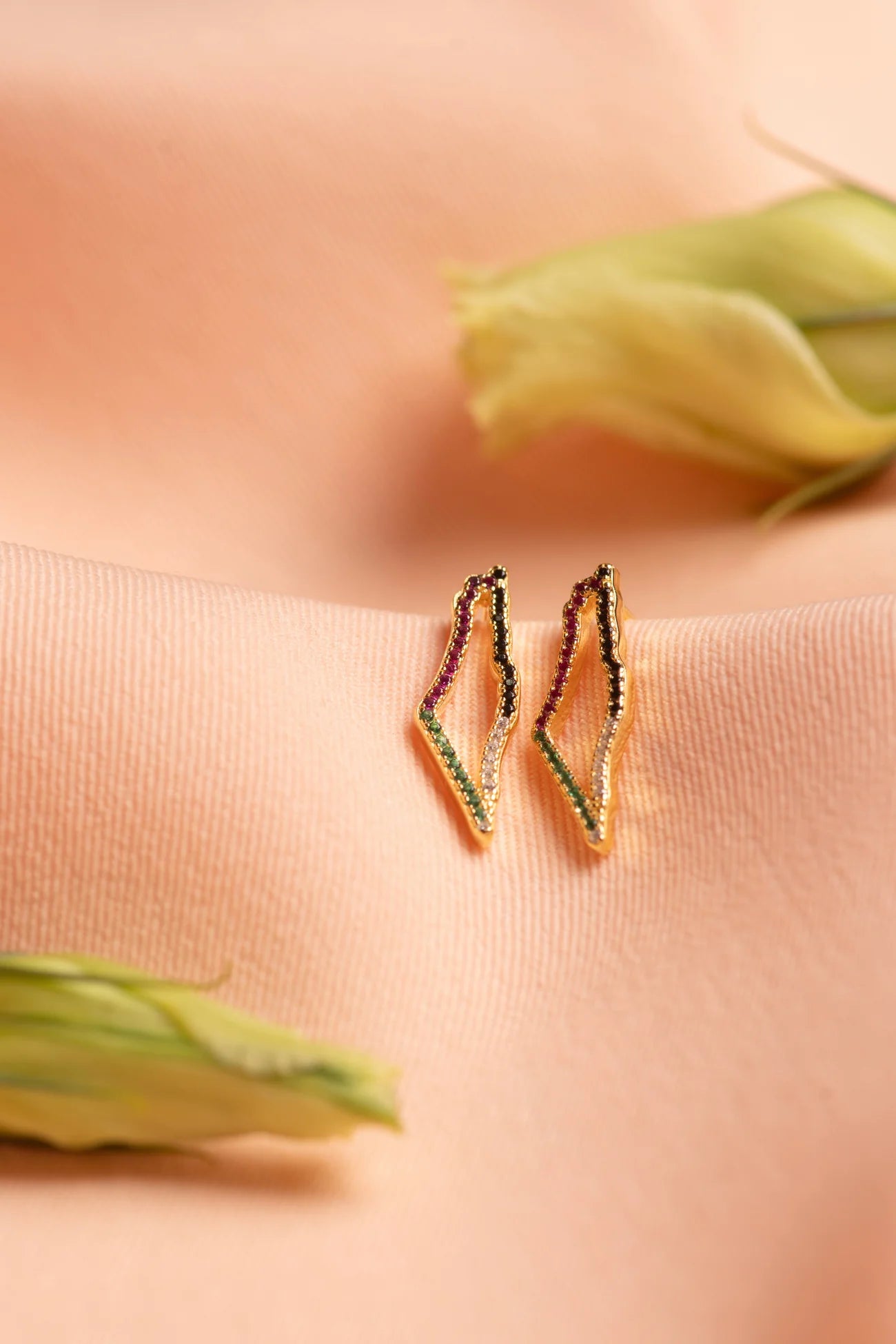 TCB Earrings:Palestine flag themed map frame with cubic zirconia stones-Gold